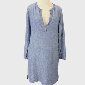 Garnet Hill Womens 100% Linen Henley Shift Dress Blue Roll Tab Sleeve Pockets 8